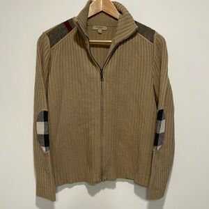 Authentic Burberry Ribbed Mock Neck Cardigan with Plaid Accents - Size Small